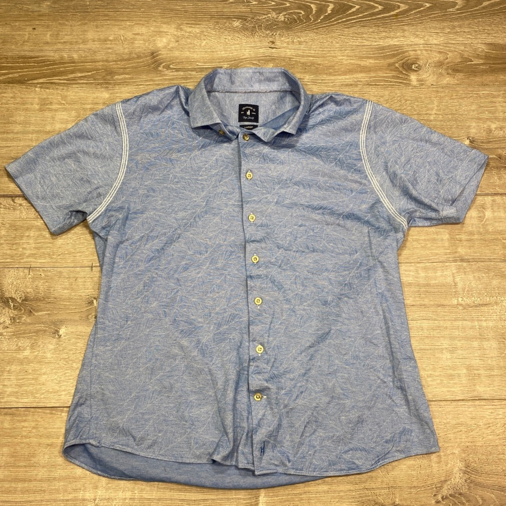 JOHNNIE‎ O Mens Large Blue Leaf Print Short Sleeve Button Down Shirt Top Shelf